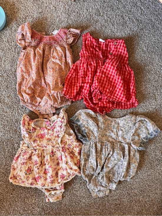 Louise Misha Other - Set of 4 Baby Rompers - Floral & Gingham Mix in Coral, Red, Pink, Gray